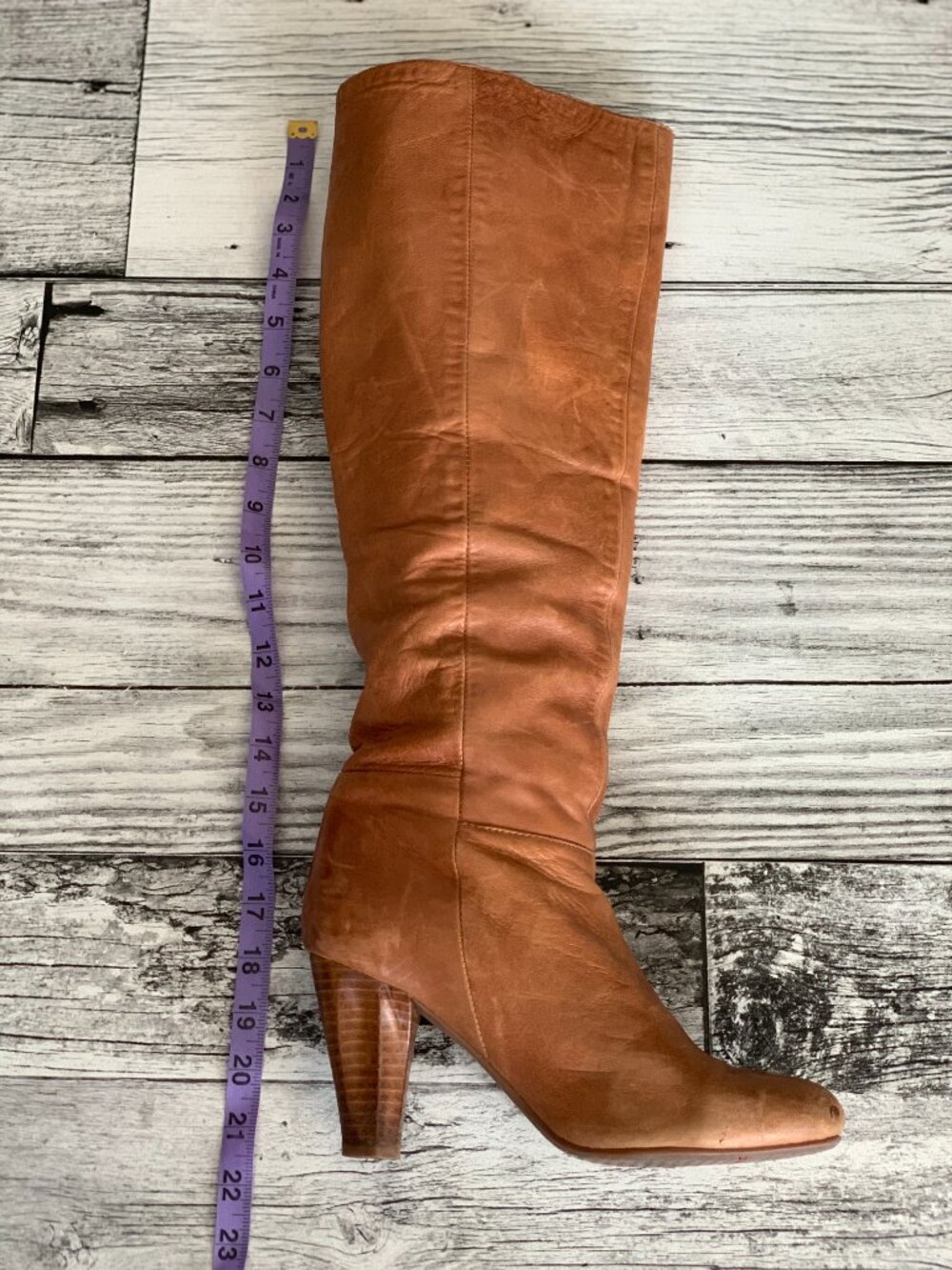 Miz Mooz Boots 8 Cognac Distressed Leather Tall Riding Knee High Heel Zip Boho - Picture 10 of 13